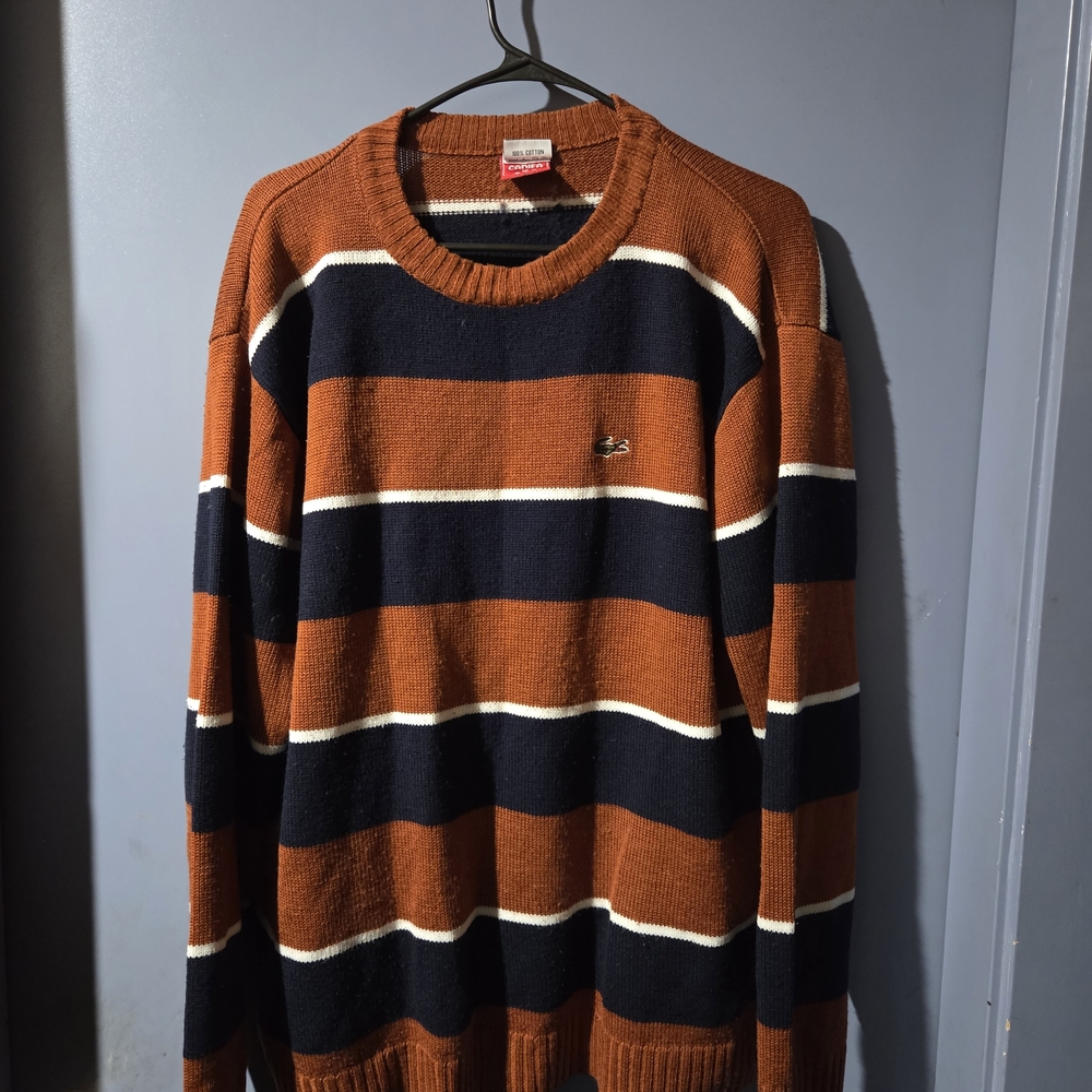 Vintage Lacoste Men's Striped Brown and Black Crewneck Sweater